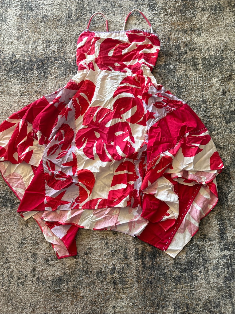 FARM Rio Pink and White Tropical Handkerchief-Hem Sundress